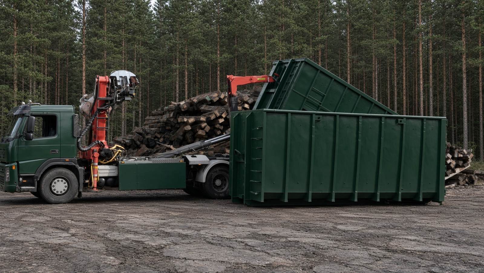 Roheline konteiner ja kraanaauto objektil metsa ääres.