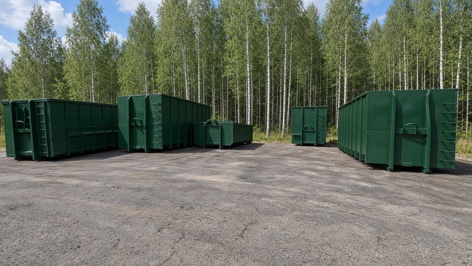 Зелёные контейнеры разных размеров в берёзовой роще.