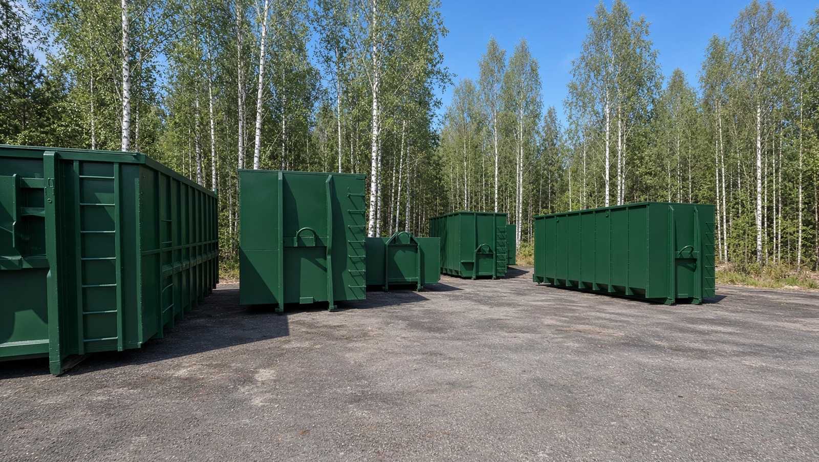 Зелёные контейнеры разных размеров в берёзовой роще.